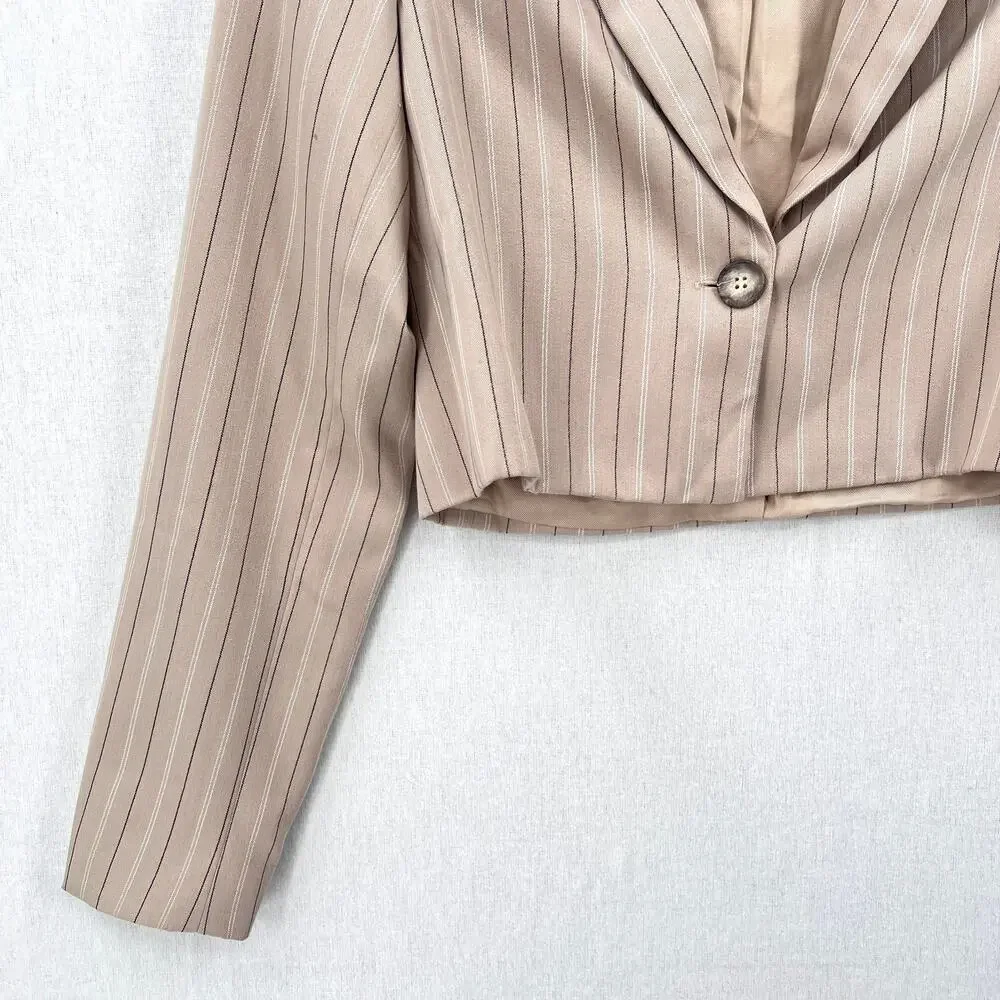 REFORMATION Bateman Cropped Blazer Womens XS Tan Pinstripe Y2K Corp Long Sleeve